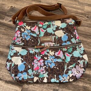 Calvin Klein Brown Floral Logo Nylon Crossbody with Multicolor Blooms